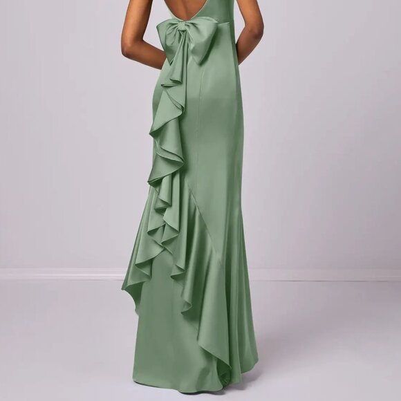 Barbie x Azazie Mermaid Bow Stretch Satin Floor-Length Dress Matcha - Picture 4 of 6